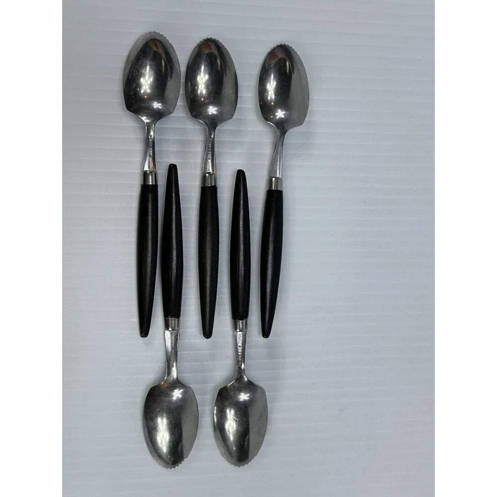 5 Vintage Serrated Citrus Stainless‎ Spoons Black Plastic Handle 6